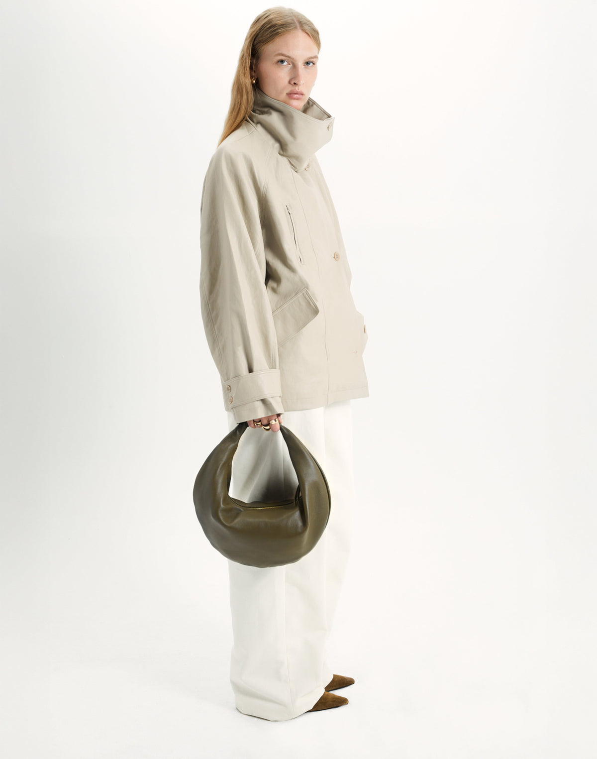 Olive Nappa leather hobo bag by HYER GOODS with ring handle, stylish and spacious, shown with the Ring Bag design.