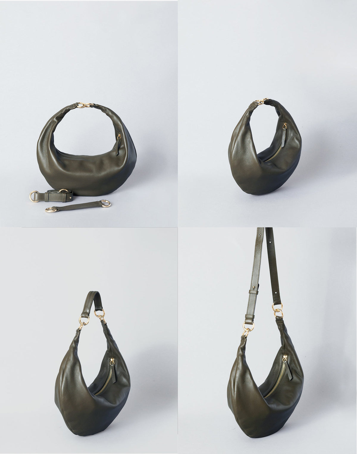 HYER GOODS Ring Bag hobo bag in olive nappa leather with 4-way carry options and sleek design.