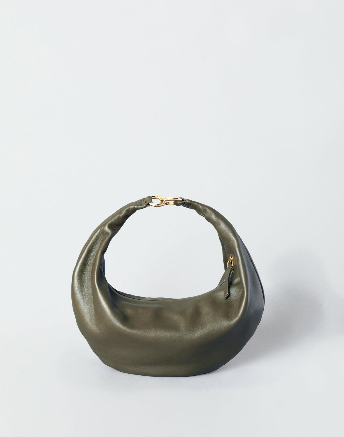 Olive Nappa leather hobo bag by HYER GOODS, The Ring Bag with rounded handle and minimalist design.