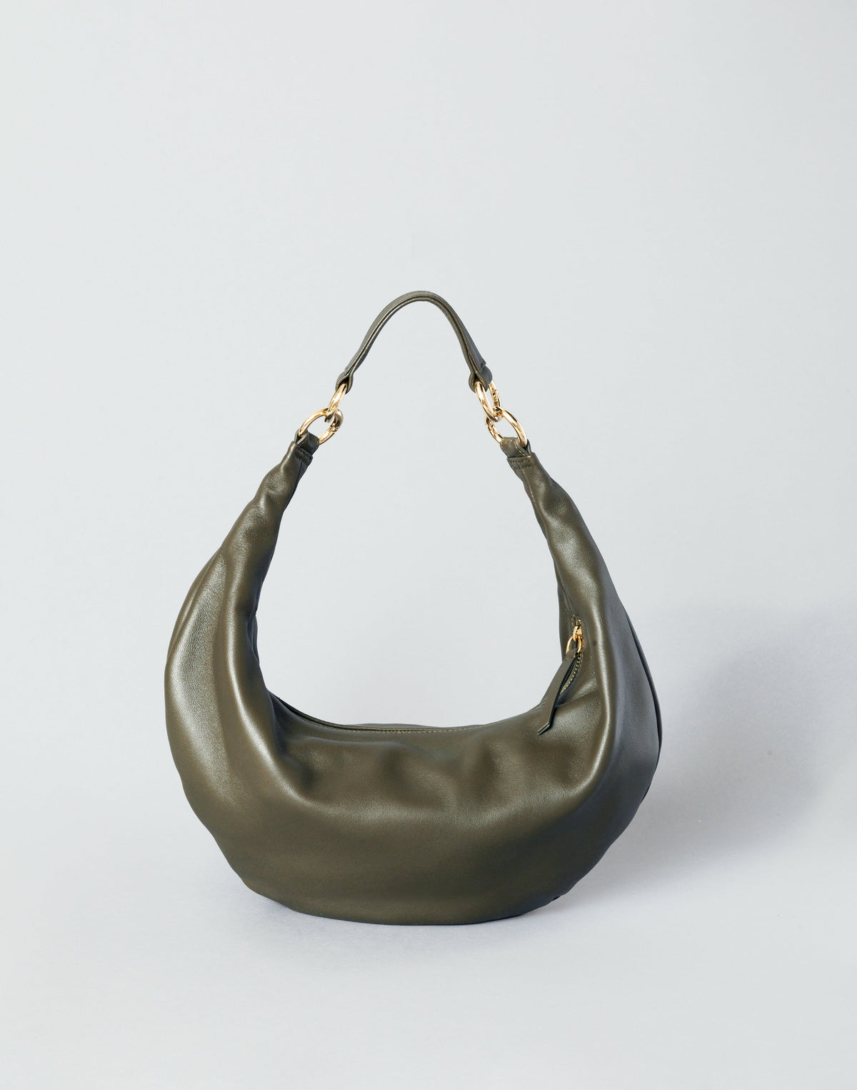 Olive nappa leather Ring Bag by HYER GOODS, stylish hobo bag with circular handle and minimalist design.