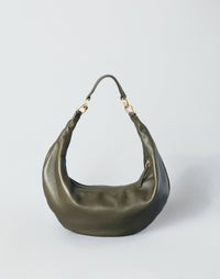 Olive nappa leather Ring Bag by HYER GOODS, stylish hobo bag with circular handle and minimalist design.