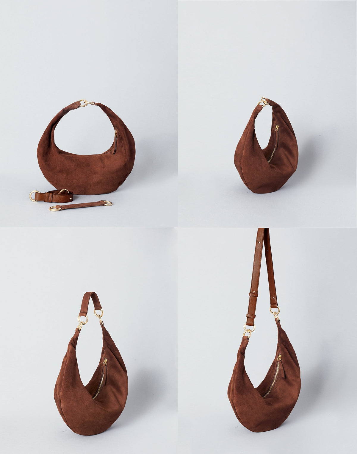 HYER GOODS The Ring Bag hobo bag in praline suede, showing its versatile 4-way carrying options and stylish design.