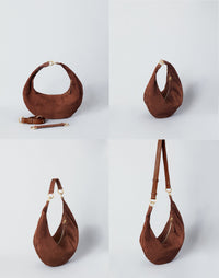 HYER GOODS The Ring Bag hobo bag in praline suede, showing its versatile 4-way carrying options and stylish design.