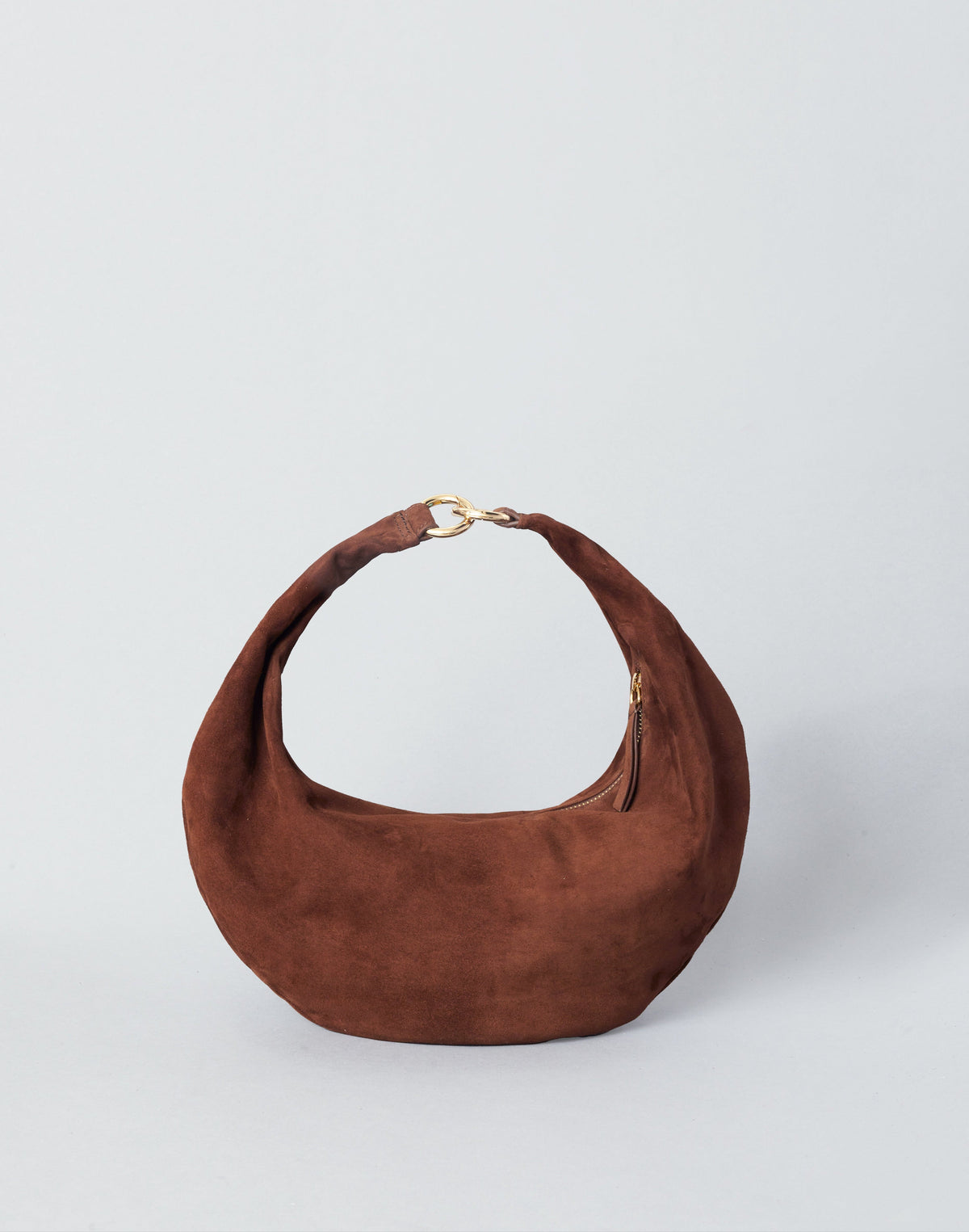 HYER GOODS Ring Bag hobo bag in praline suede with a circular ring detail and adjustable strap, stylish and functional accessory.