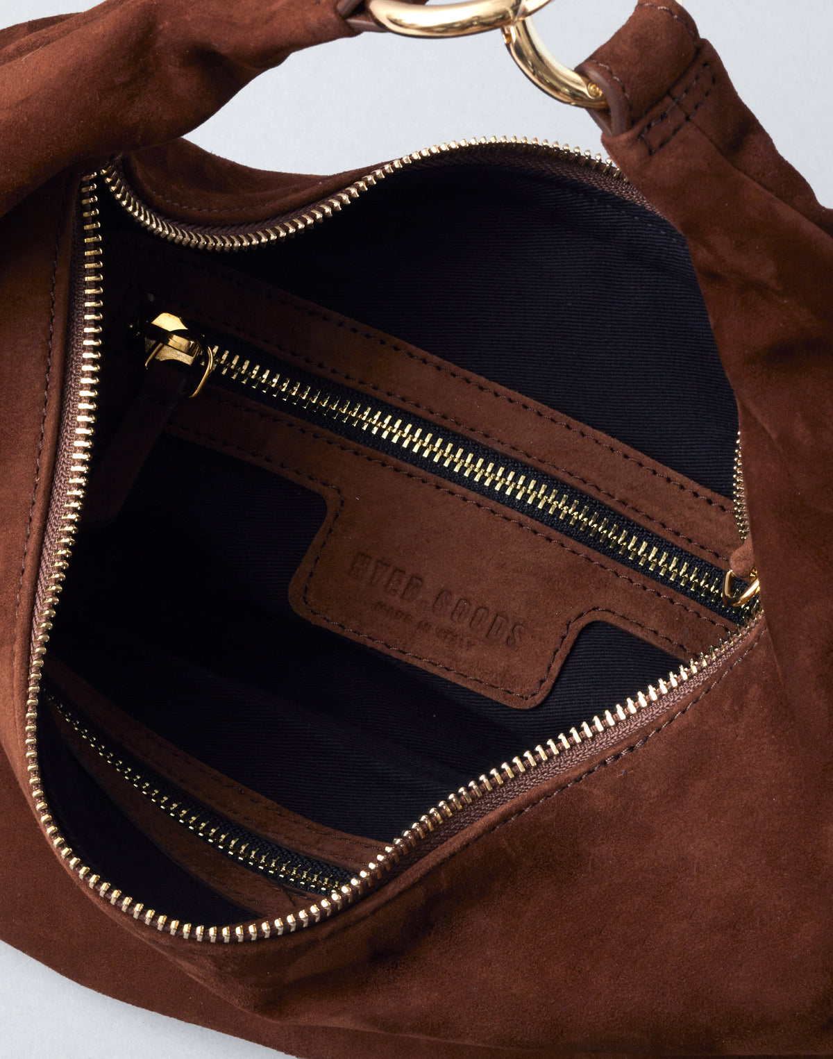 HYER GOODS Ring Bag hobo bag in praline suede with rounded ring handle and soft, textured leather design.