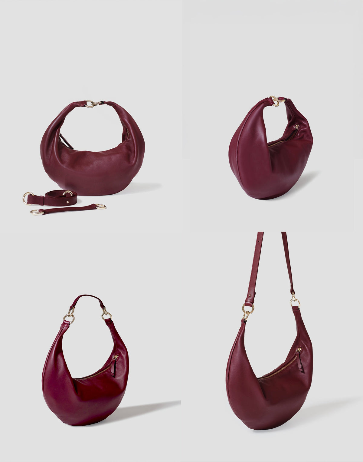 HYER GOODS The Ring Bag hobo bag in Bordeaux color, showcasing versatile 4-way styling and spacious interior.