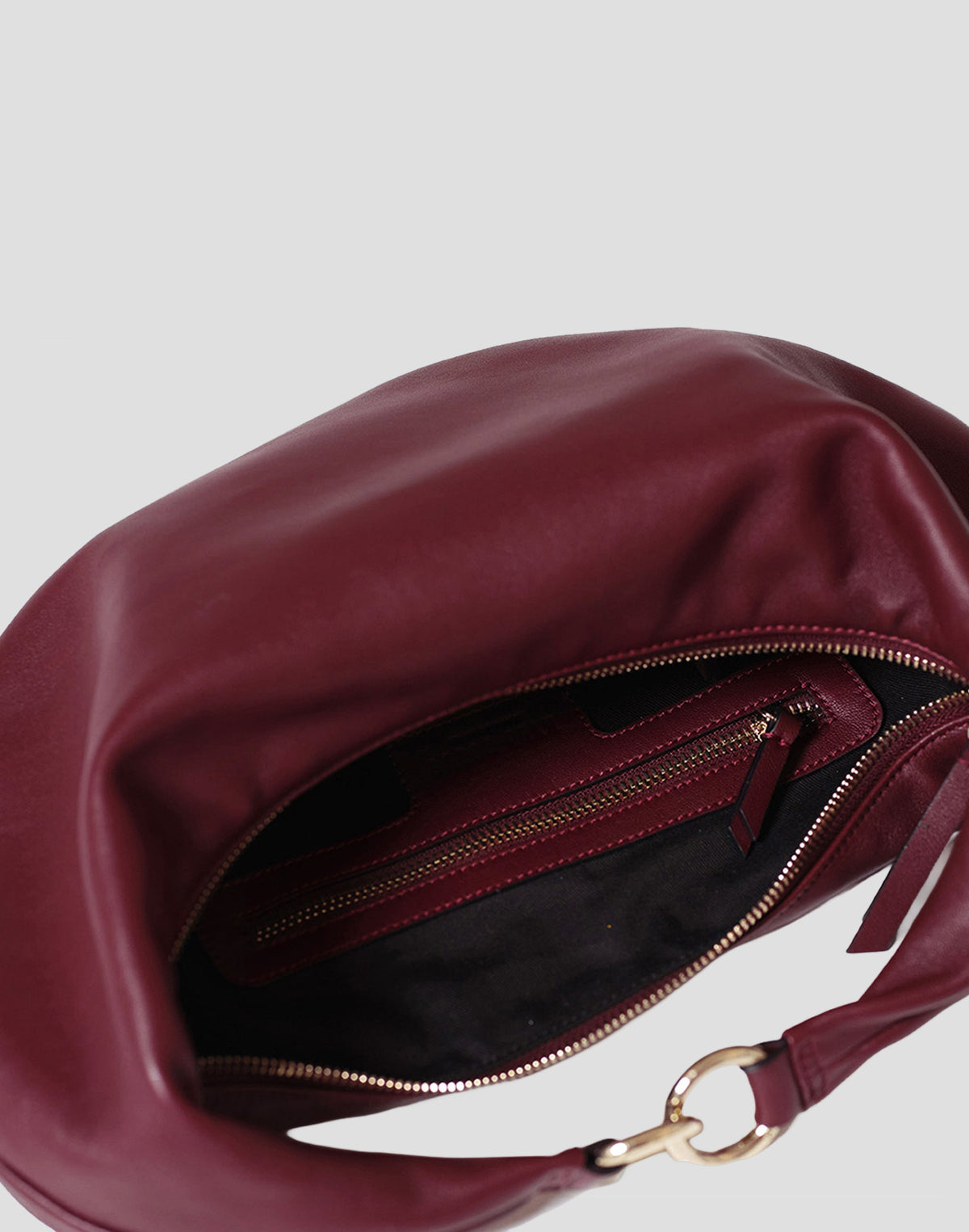 HYER GOODS The Ring Bag hobo bag in Bordeaux color, showing the interior with spacious compartment and stylish design.