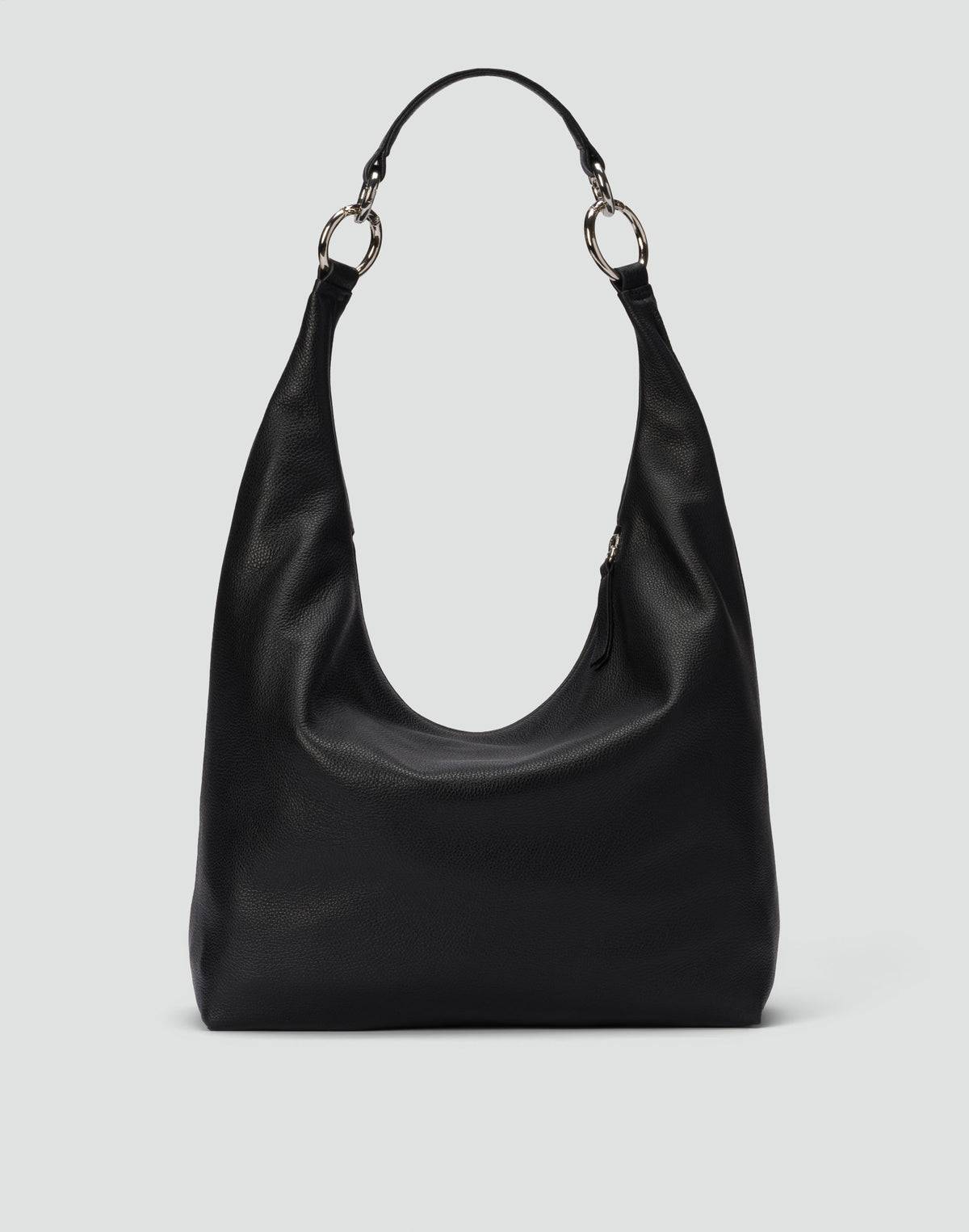 HYER GOODS hobo ring bag in black and silver leather with circular ring detail, stylish and spacious for everyday use.