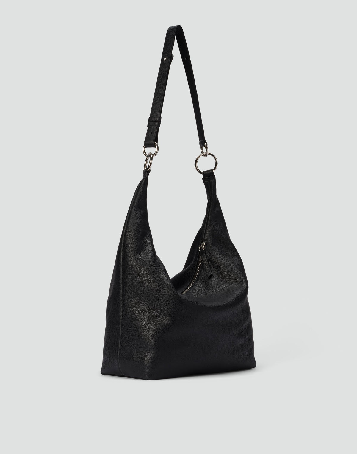 Black and silver HYER GOODS Hobo Ring Bag with rounded shape and adjustable strap, stylish casual accessory.