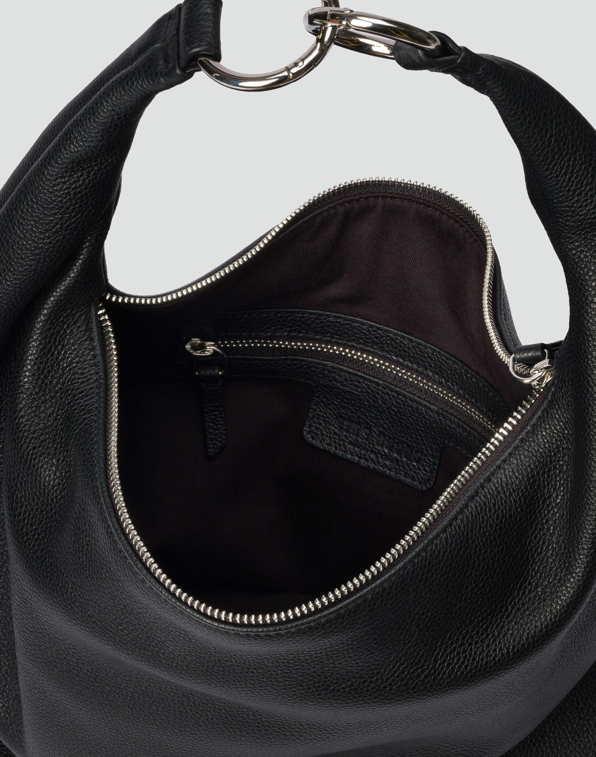 HYER GOODS Hobo Ring Bag in black and silver leather with a rounded shape and adjustable strap, stylish and functional hobo bag.