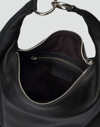 HYER GOODS Hobo Ring Bag in black and silver leather with a rounded shape and adjustable strap, stylish and functional hobo bag.