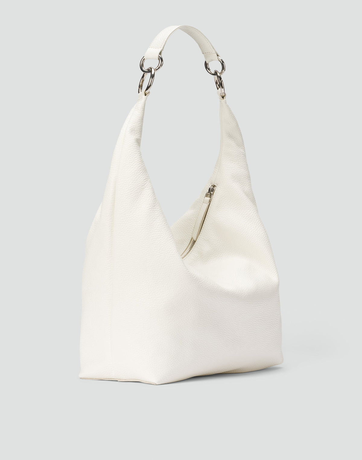 White HYER GOODS Hobo Ring Bag with rounded leather handle and spacious interior, stylish casual hobo bag for everyday use.