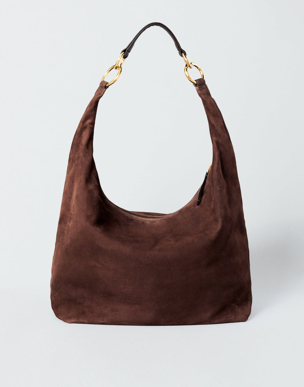HYER GOODS hobo ring bag in chocolate suede, showcasing its stylish hobo bag design with a rounded shape and smooth finish.