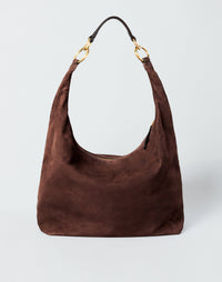 HYER GOODS hobo ring bag in chocolate suede, showcasing its stylish hobo bag design with a rounded shape and smooth finish.