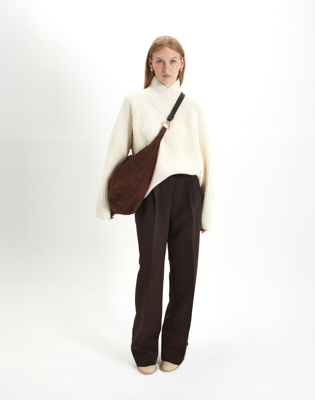 HYER GOODS Hobo Ring Bag in chocolate suede, featuring a slouchy hobo style with a rounded shape and adjustable strap.