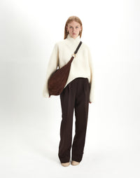 HYER GOODS Hobo Ring Bag in chocolate suede, featuring a slouchy hobo style with a rounded shape and adjustable strap.