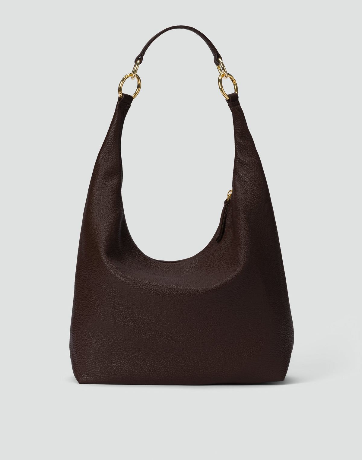 Dark chocolate leather Hobo Bag by HYER GOODS with a slouchy, relaxed design and adjustable strap, ideal for everyday use.