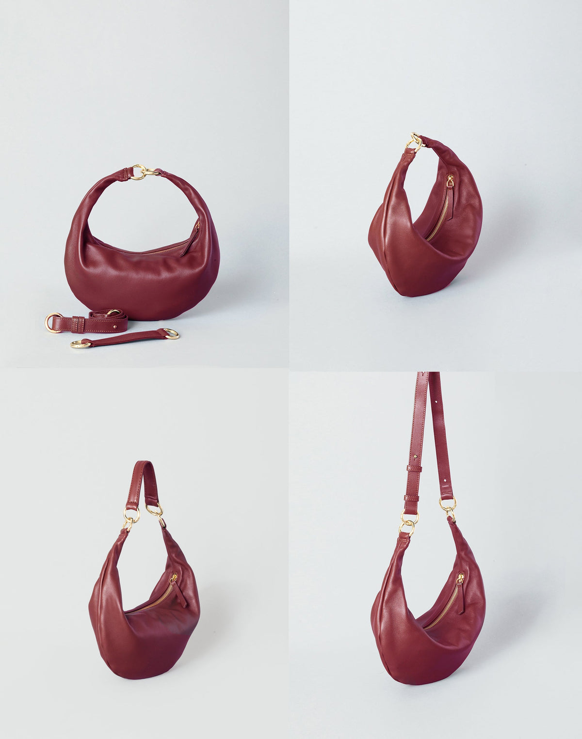Red Piccola Ring Bag by HYER GOODS, a stylish hobo bag with a circular handle and soft leather design.