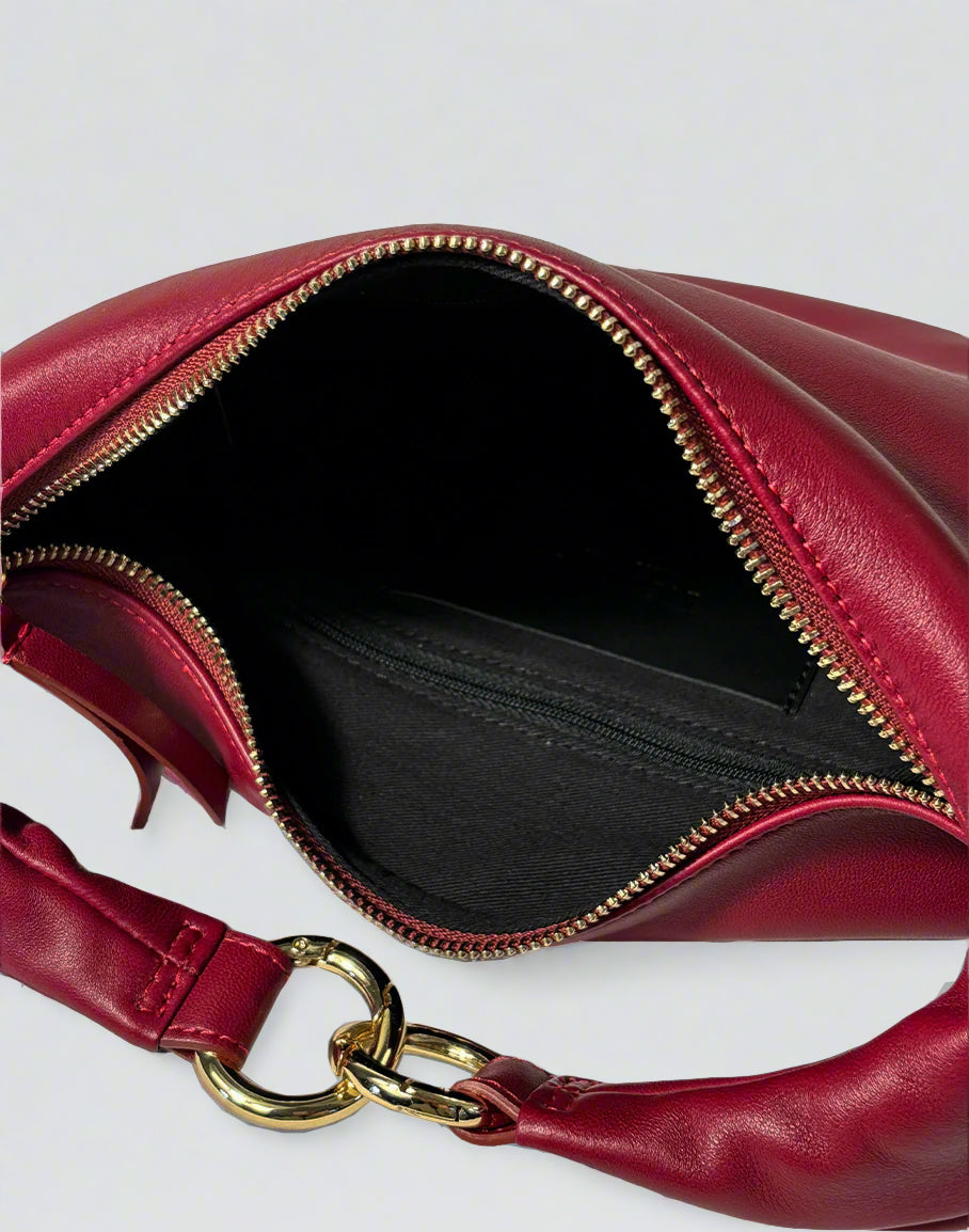 Red HYER GOODS Piccola Ring Bag hobo bag with circular handle and interior pocket, stylish and compact accessory.