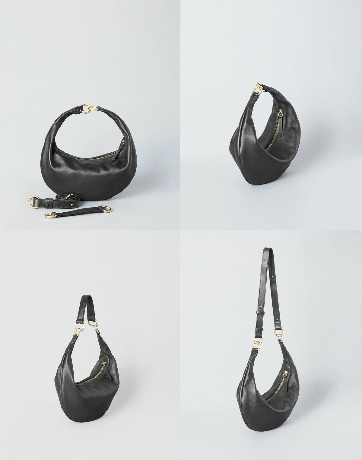 HYER GOODS Piccola Ring Bag hobo bag in black with gold accents, shown from four different angles.