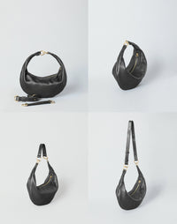 HYER GOODS Piccola Ring Bag hobo bag in black with gold accents, shown from four different angles.