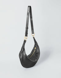 HYER GOODS Piccola Ring Bag hobo bag in black with gold accents, featuring a compact design and circular handle for stylish carrying.