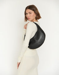 HYER GOODS Piccola Ring Bag hobo bag in black with silver accents, featuring a sleek, compact design and stylish ring handle.