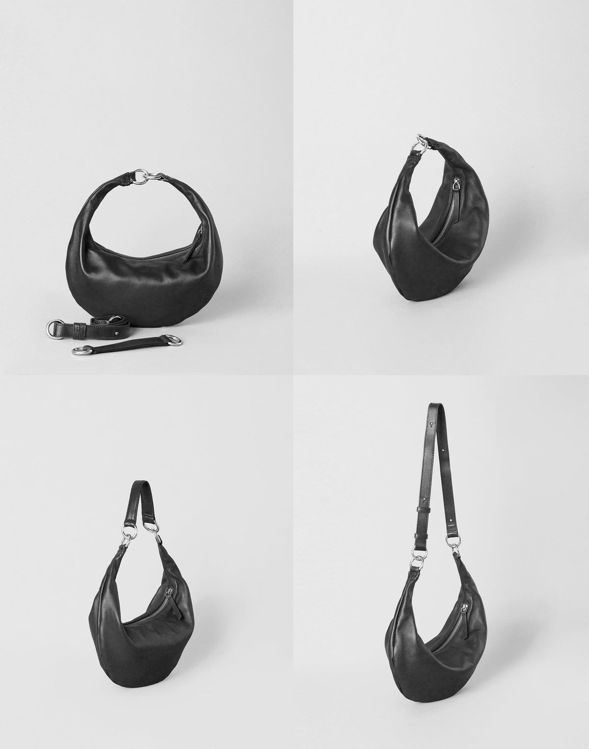 HYER GOODS Piccola Ring Bag hobo bag in black with silver hardware, shown from four different angles.