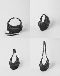 HYER GOODS Piccola Ring Bag hobo bag in black with silver hardware, shown from four different angles.