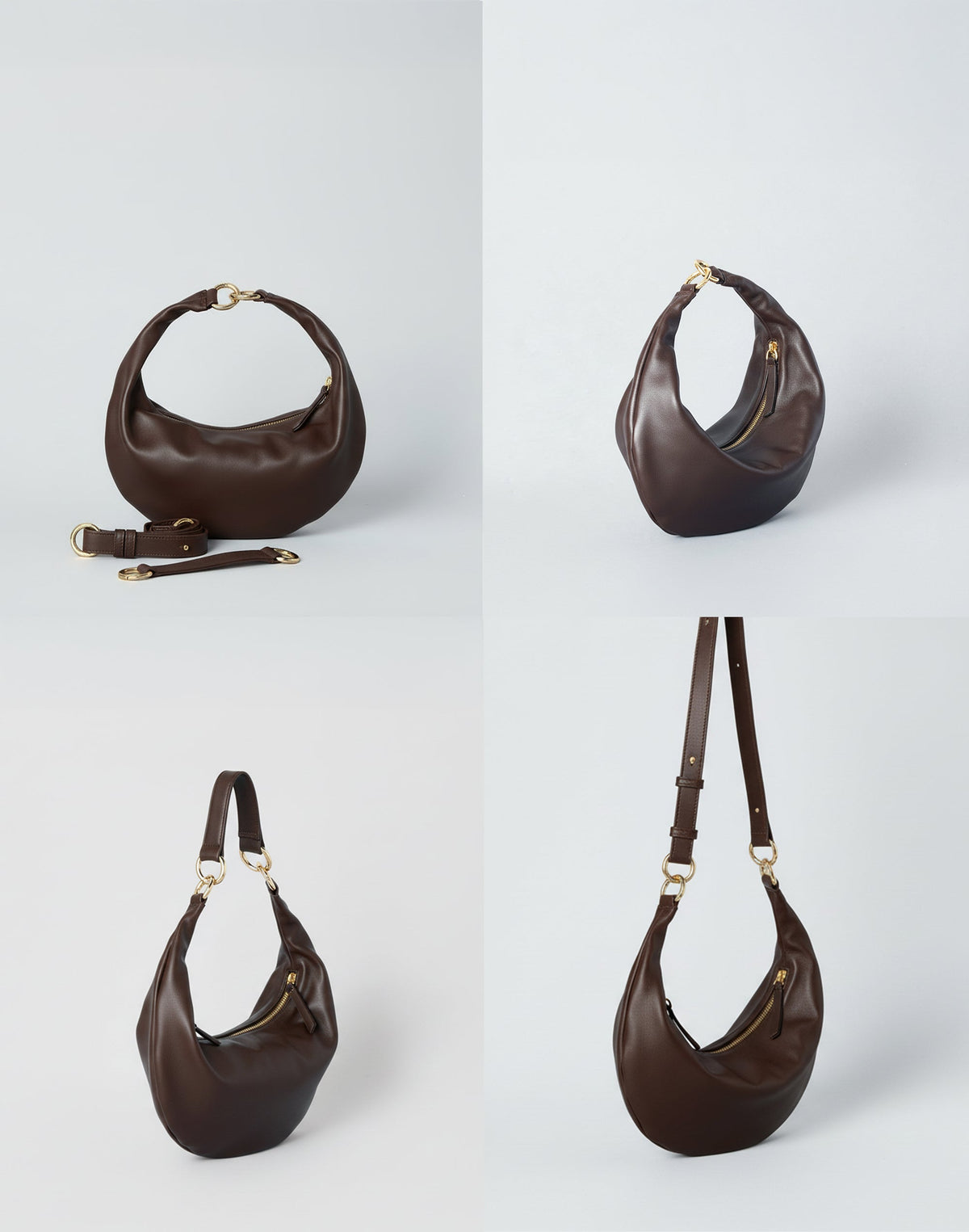 HYER GOODS Piccola Ring Bag hobo bag in dark chocolate and nappa leather, showing front, side, and top views.