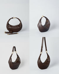 HYER GOODS Piccola Ring Bag hobo bag in dark chocolate and nappa leather, showing front, side, and top views.