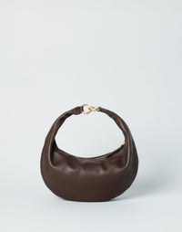 HYER GOODS Piccola Ring Bag, dark chocolate and nappa leather hobo bag with circular handle, stylish and functional accessory.