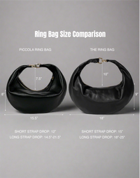 HYER GOODS Piccola Ring Bag, a stylish hobo bag with a circular ring handle, shown with size comparison in the image.