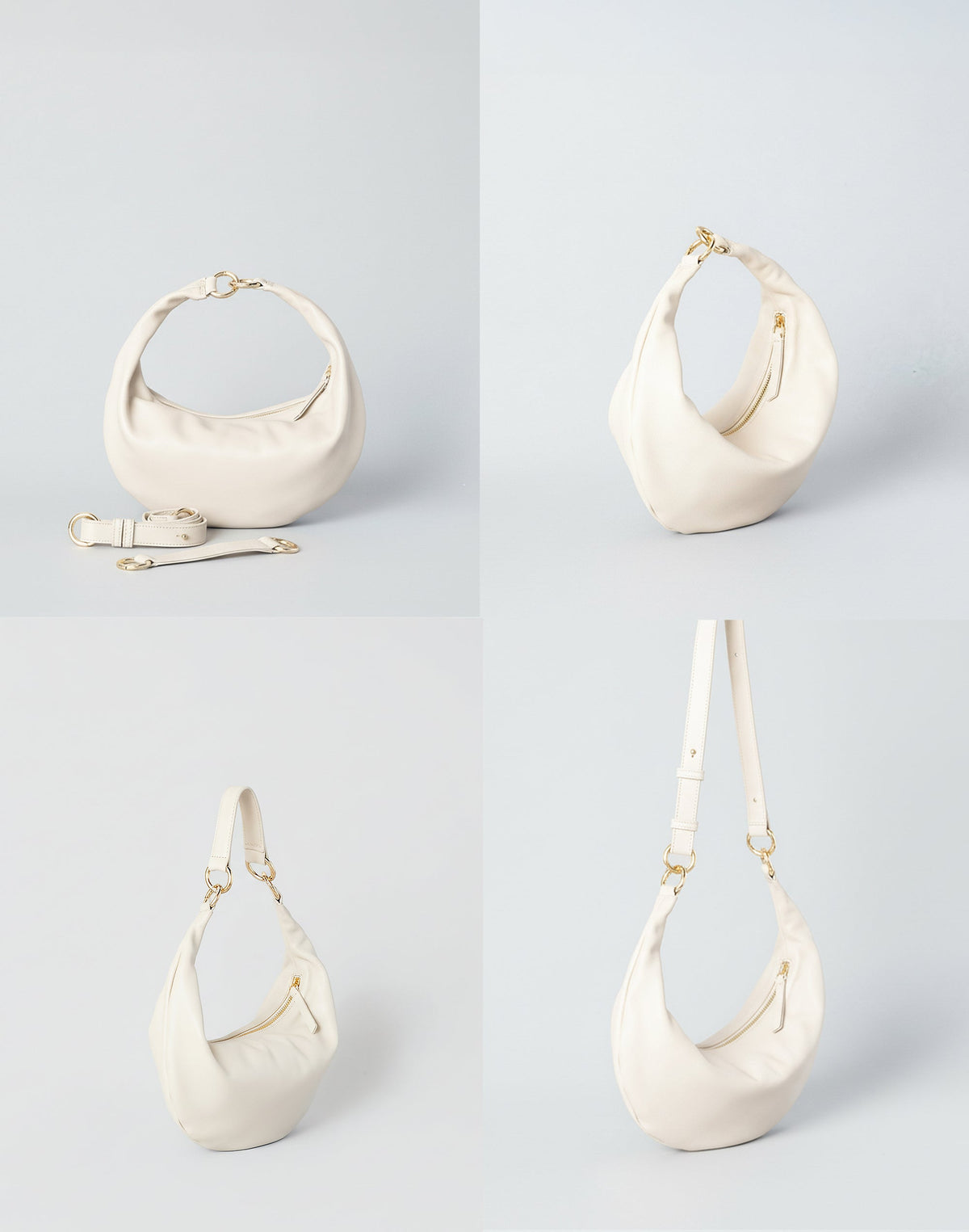 HYER GOODS Piccola Ring Bag hobo bag in off-white leather with a distinctive ring handle and versatile 4-way carry options.