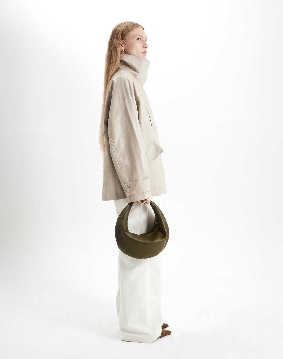 Olive Nappa leather Piccola Ring Bag by HYER GOODS, hobo style bag with circular handle and minimalist design.