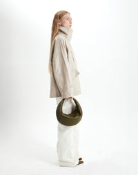 Olive Nappa leather Piccola Ring Bag by HYER GOODS, hobo style bag with circular handle and minimalist design.