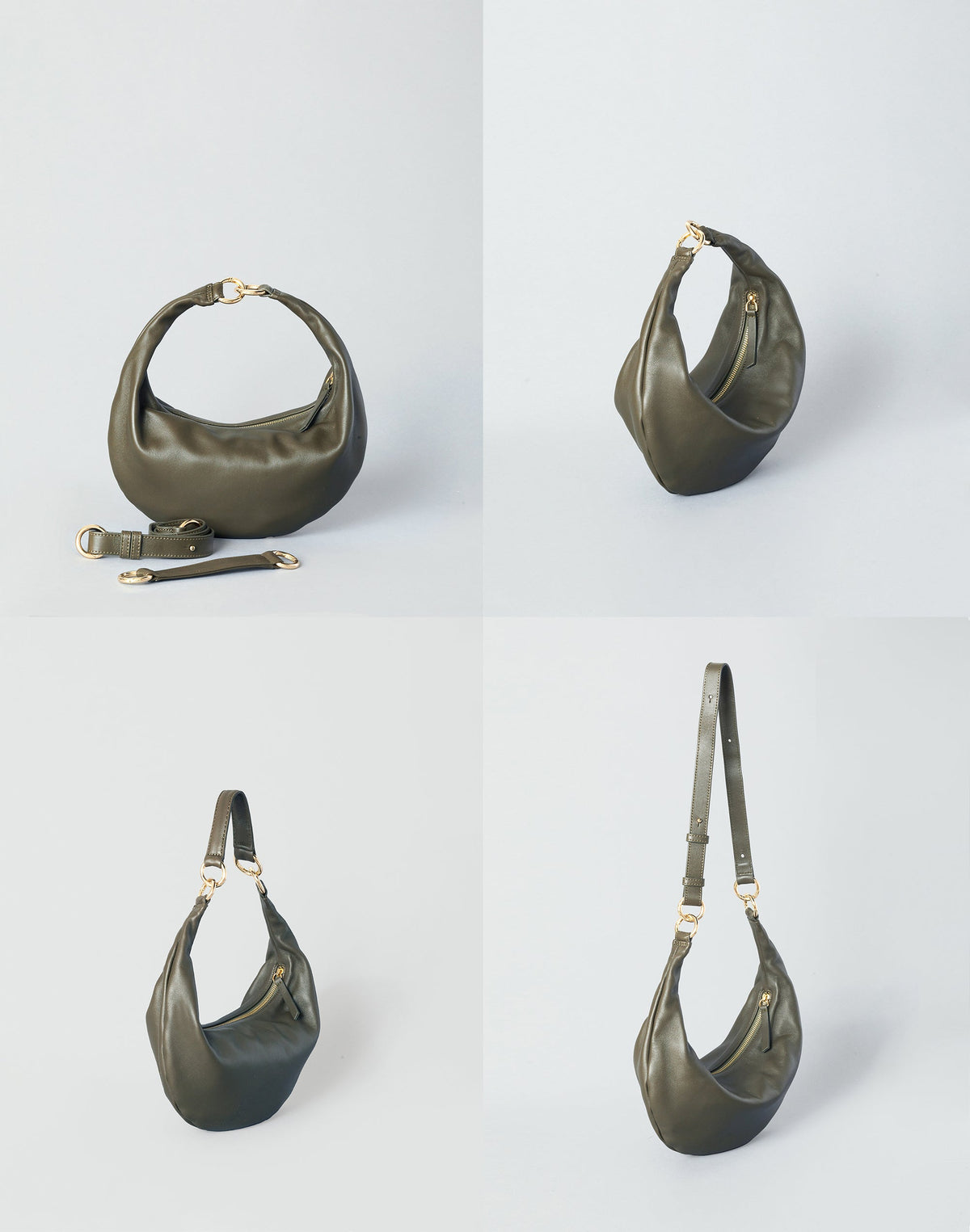 HYER GOODS Piccola Ring Bag hobo bag in olive nappa leather with round ring handle and versatile 4-way carrying options.