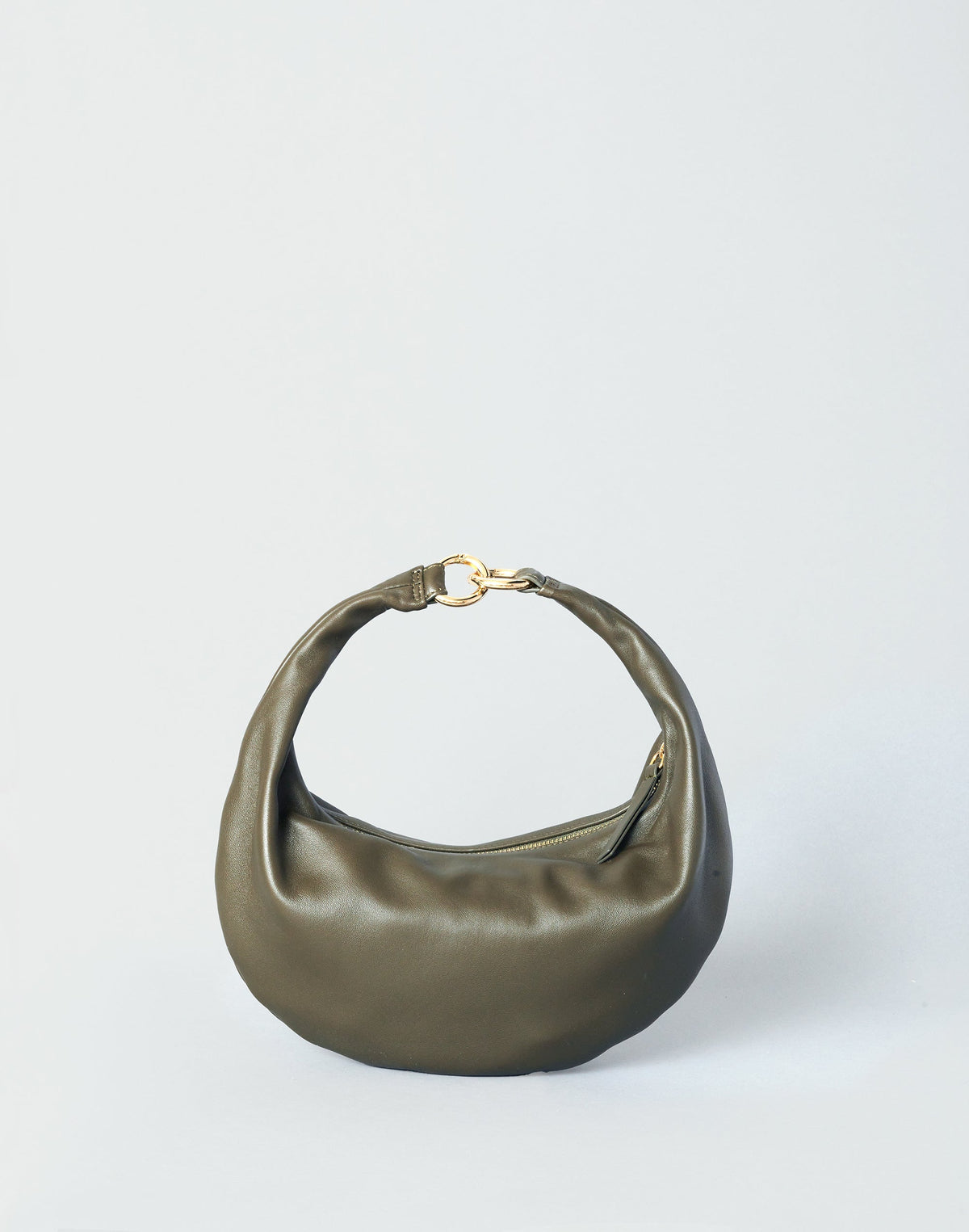 Olive green Piccola Ring Bag by HYER GOODS, a stylish hobo bag with a round handle and soft leather finish.