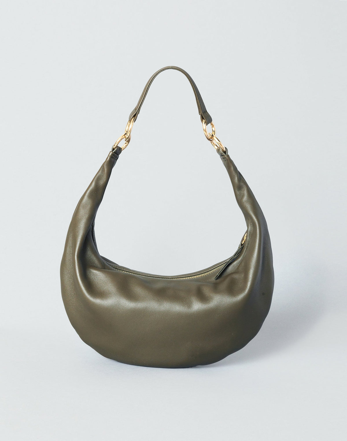 HYER GOODS Piccola Ring Bag in olive Nappa leather, stylish hobo bag with ring details and a sleek, compact design.