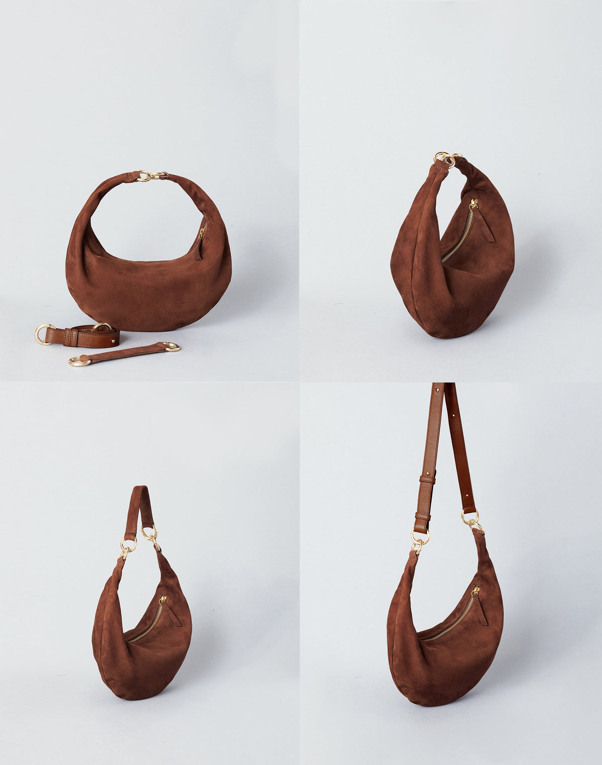 HYER GOODS Piccola Ring Bag hobo bag in praline suede, featuring a rounded shape and stylish ring handle design.