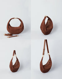 HYER GOODS Piccola Ring Bag hobo bag in praline suede, featuring a rounded shape and stylish ring handle design.