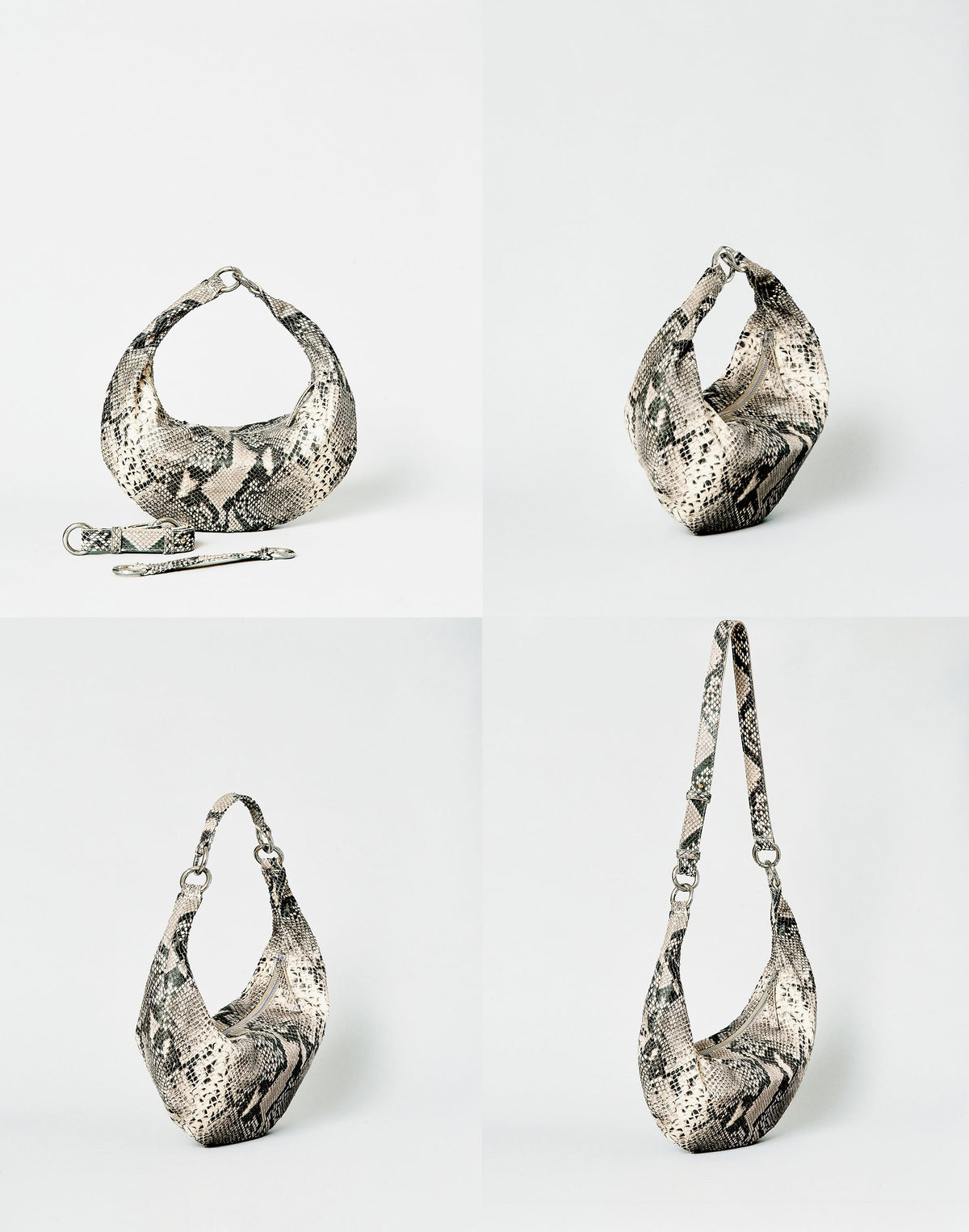 HYER GOODS Piccola Ring Bag hobo bag with python print, featuring a circular ring handle and compact design.