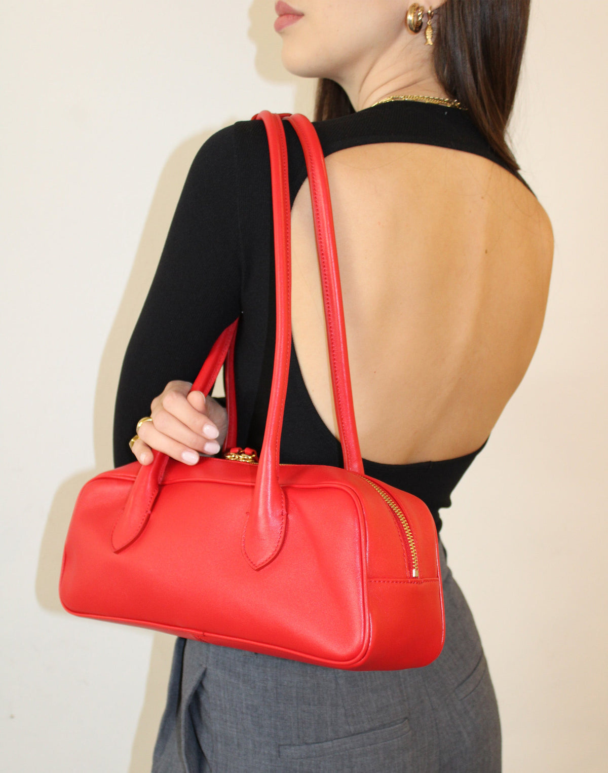 Red La Strada East West Shoulder Bag by HYER GOODS with adjustable strap and stylish design.