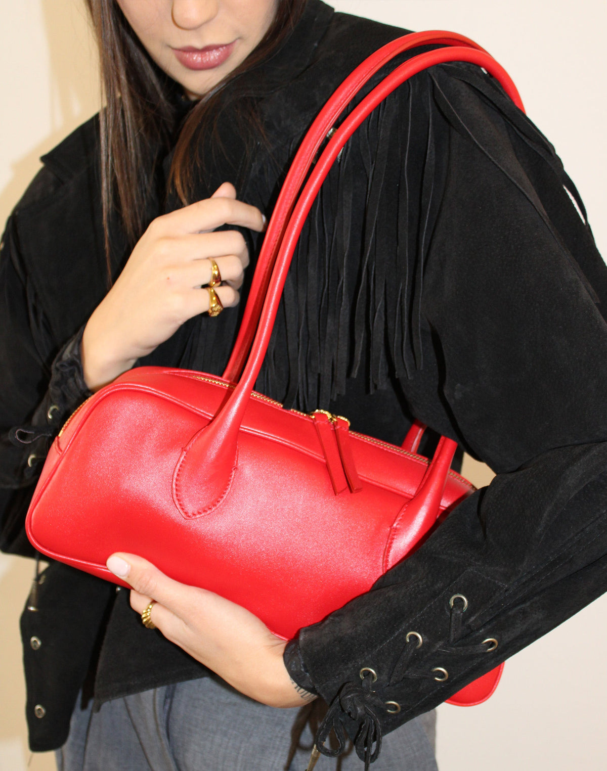 Red HYER GOODS La Strada East West Shoulder Bag with top handle and adjustable strap, stylishly displayed.