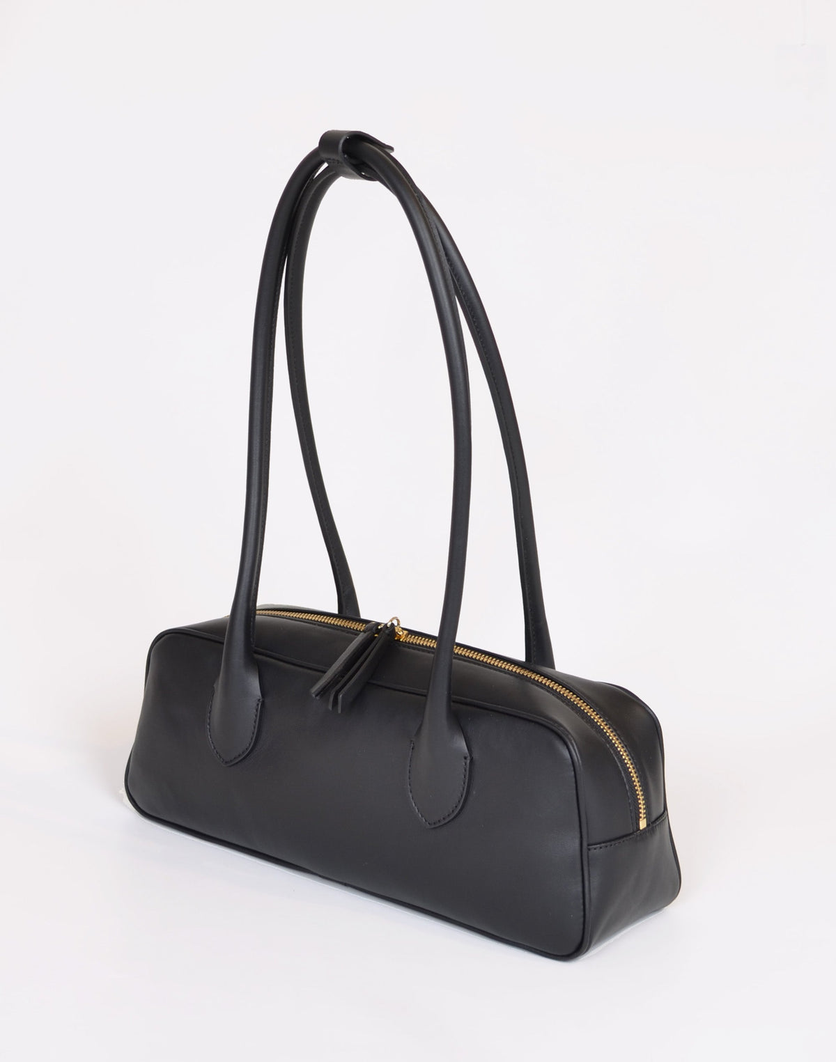 HYER GOODS La Strada East West Shoulder Bag in black, showing front view with sleek design and adjustable strap.