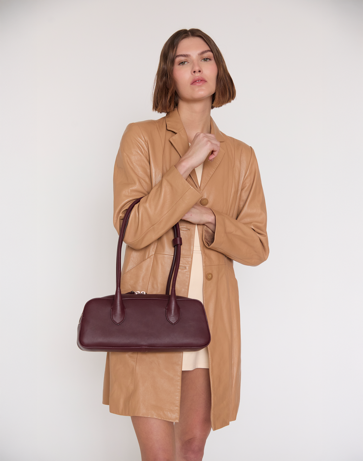 HYER GOODS La Strada East West shoulder bag in burgundy with leather accents and adjustable strap, stylish and versatile accessory