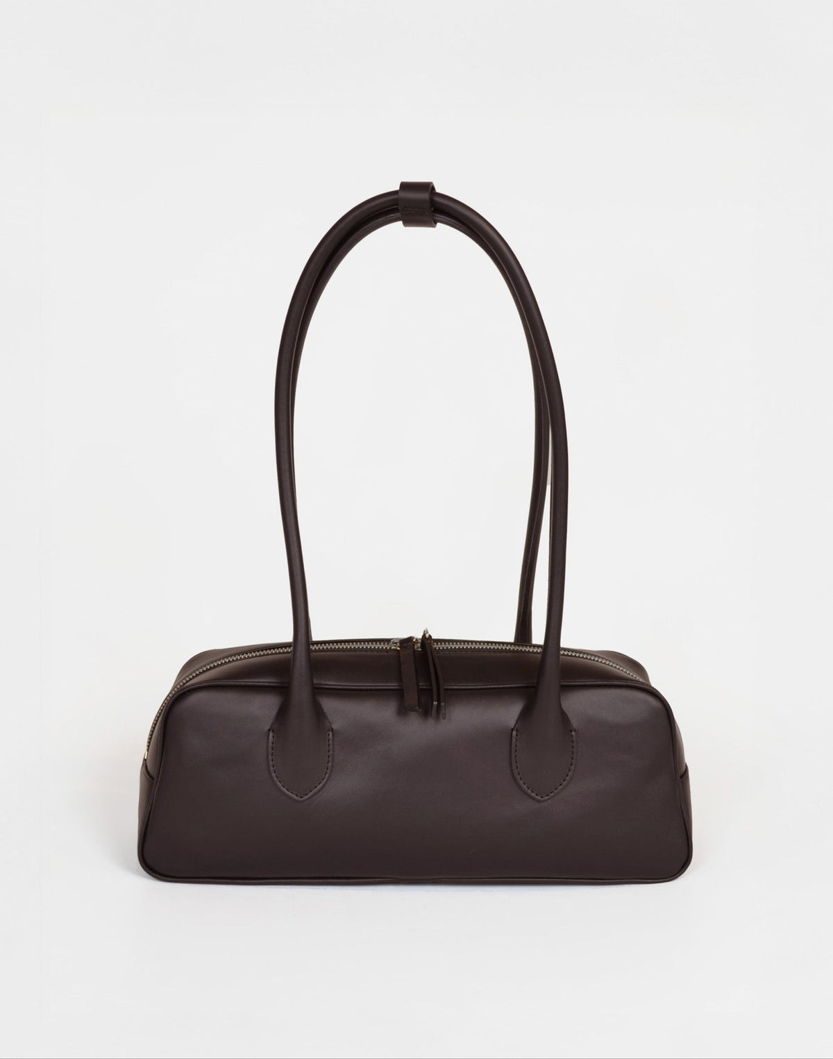 HYER GOODS La Strada East West shoulder bag in chocolate leather with a sleek, structured design and adjustable strap.