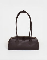 HYER GOODS La Strada East West shoulder bag in chocolate leather with a sleek, structured design and adjustable strap.