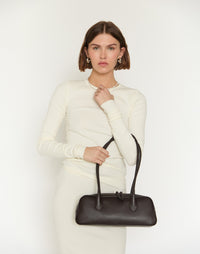 HYER GOODS La Strada East West Shoulder Bag in chocolate leather with a sleek, modern design and structured silhouette.