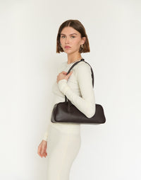 HYER GOODS La Strada East West shoulder bag in chocolate leather, featuring a stylish design and spacious interior.
